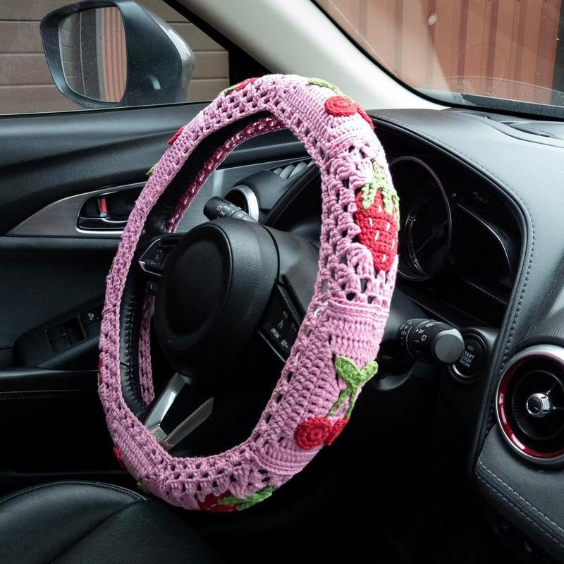 Crochet Strawberry Pattern Car Steering Wheel Cover, Cute Car Steering Wheel Protector, Universal Car Interior Decoration Accessories