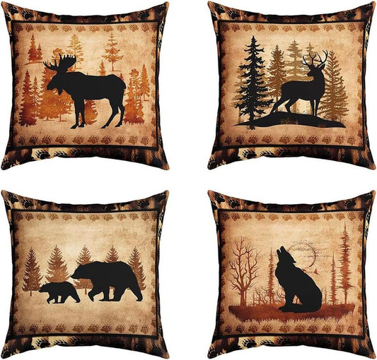 Vintage Bear Throw Pillow Covers Set of 4,Cabin Deer Hunting Cushion Case for Home Living Room Decor, Reversible Farmhouse Throw Cushion Case