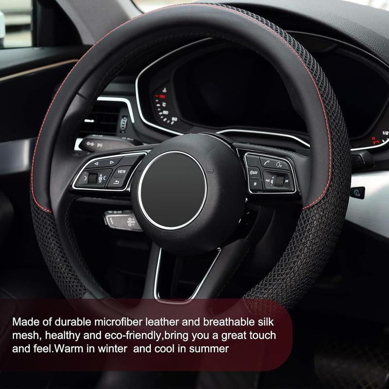 Car Steering Wheel Cover, Microfiber Breathable Ice Silk Leather Steering Wheel Cover Soft Anti-Slip Safety, 15Inch Four Season Universal Fits for Most Truck,Suv,Cars Car Interior Decoration Accessories (Black)