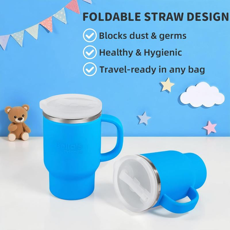 2 Pack Kids Water Bottle, Portable 9 Oz Mini Travel Tumbler for Toddlers with Spill-Resistant Flexible Straw, Stainless Interior & Silicone Body