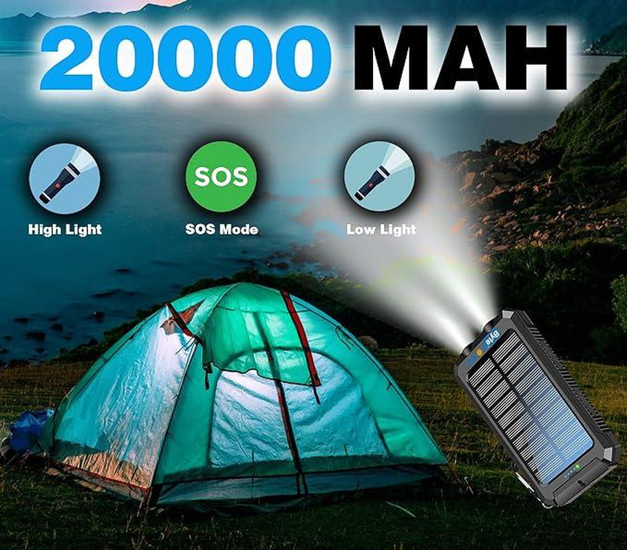 Solar Charger Power Bank 20000Mah, Portable Solar Pone Charger with Compass,Carabiner, Whistle,Flashlights,Solar Panel Charger,Camping Gear Accessory Accessories Charging