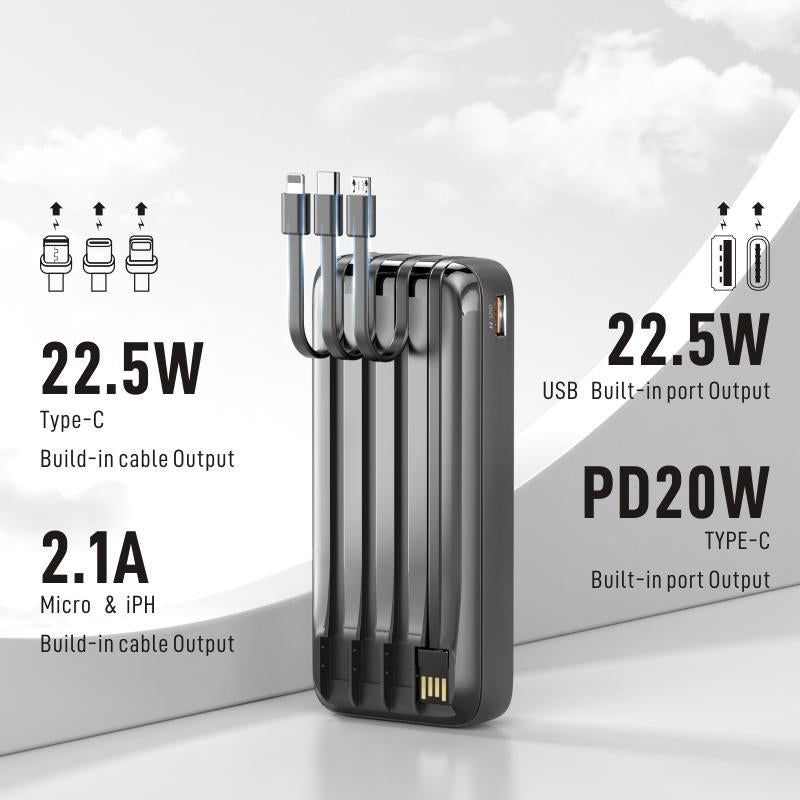 20W USB C Power Bank 20000Mah for Smartphone, Multi-Function Cellphone Charger Built-In 3 Counts Data Cable, Portable Charging Tool for Home & Travel, Universal Digital Display Mobile Charger Devices Compatible with Iphone Samsung Pixel LG Moto Ipad