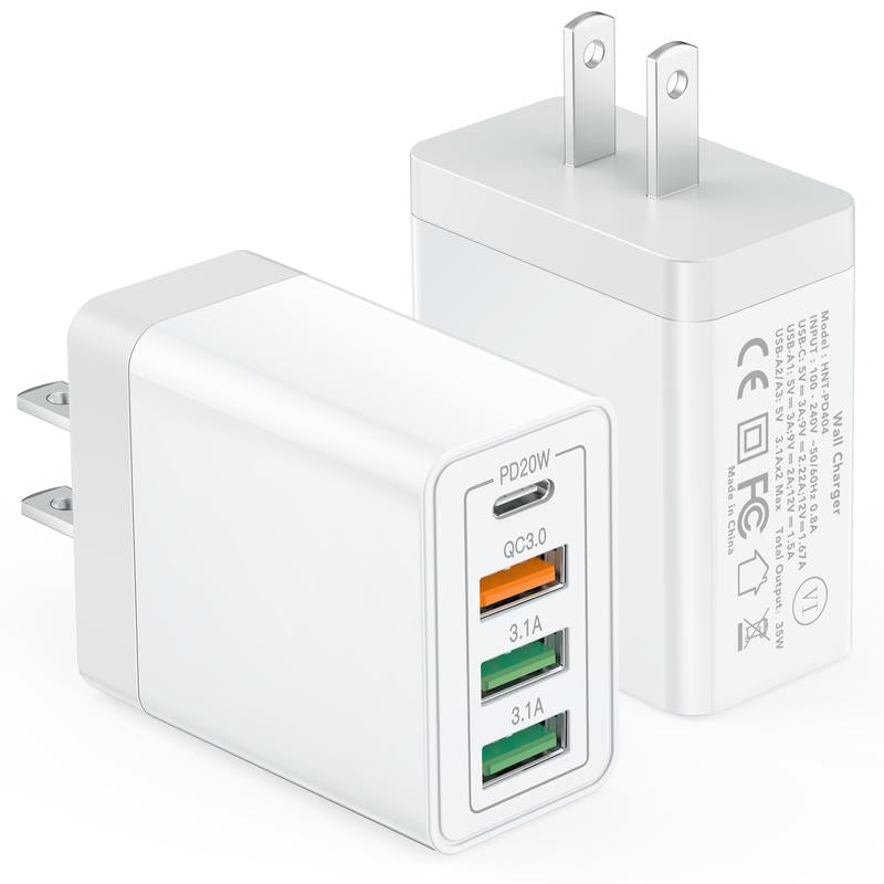 LCGENS [2-Pack] 35W USB C Wall Charger Block, 4Port PD+QC Fast Power Adapter, Type C Charging Brick Cube Plug for Iphone 12/13/14/15/Pro Max, XS/XR/X, Ipad/Airpods Pro, Samsung, Google, Tablet, Android(White)