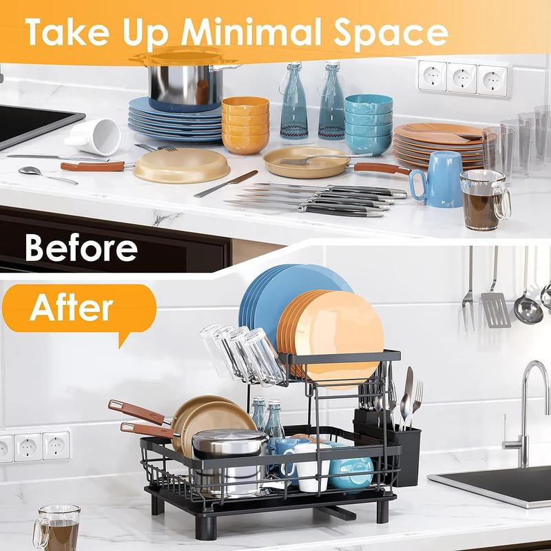 2 Tier Dish Drying Rack with Drainboard Adjustable Spout Utensil Holder and Knife Slots,Space-Saving,Suitable for Kitchen Countertops,Keeps Countertops Clean and Tidy,Easy to Install,Beautifully Crafted,Rotatable Drainage System,Disassembleable