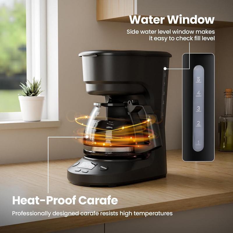 KISMILE Compact Drip Coffee Maker 5-Cup Anti-Drip System Timer Removable Funnel Auto Shut-Off Anti-Dry Protection Dishwasher-Safe for Home & Office Black