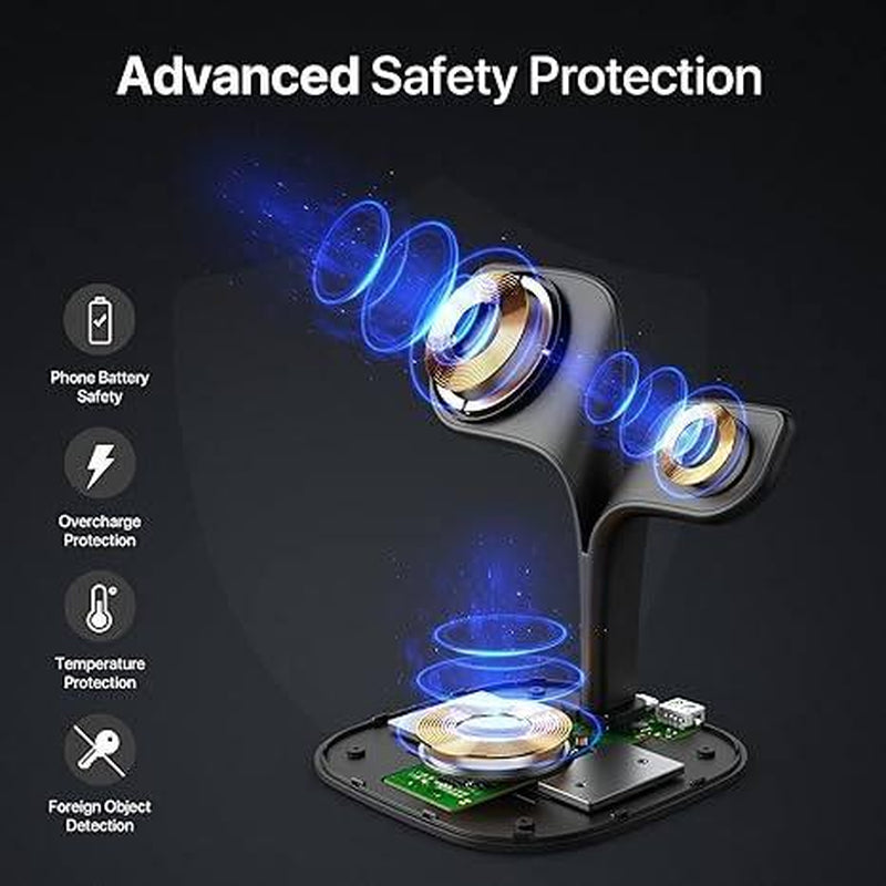 Wireless Charger, 3-In-1 Wireless Charging Stand, 5ND GEN, 45% Faster for Apple Watch, Iphone 16, Iphone 15, Iphone 14 Series, Airpods - Magsafe Charging Station for Multiple Devices - Black