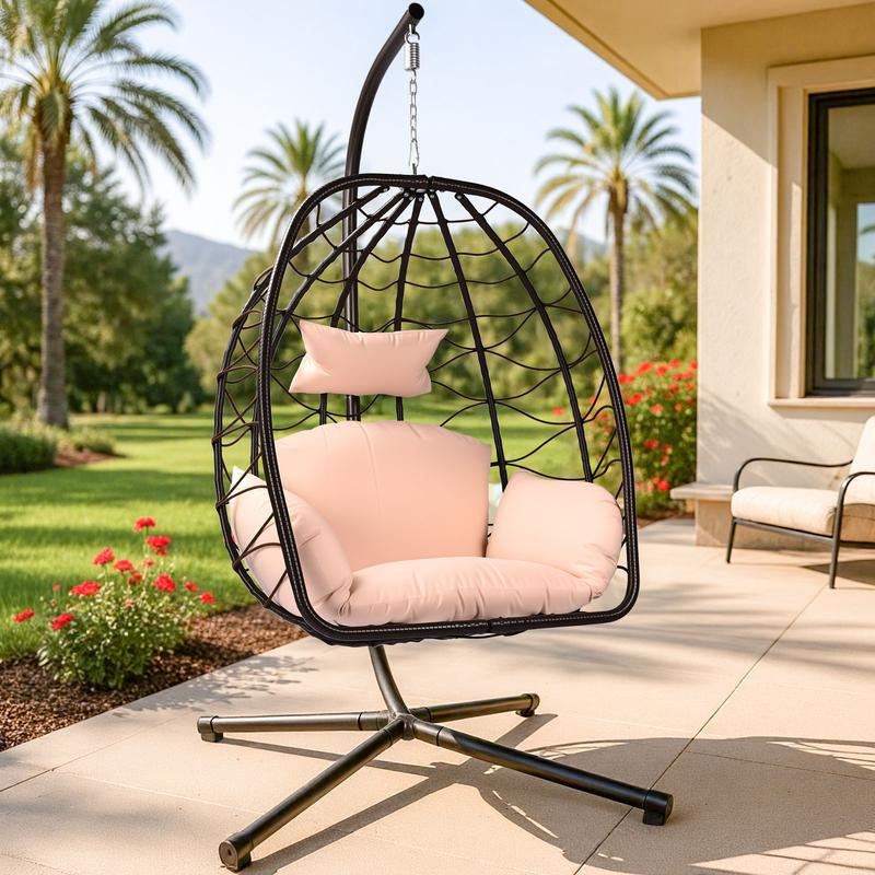 Egg Porch Swing, Hanging Egg Chair for Outdoor Patio with Stand, Waterproof Rattan Wicker Basket Seat, Includes Cushion & Chain, 350Lb Capacity (Beige)