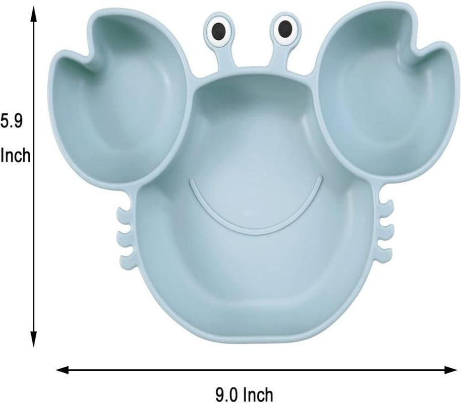 2 Pack Silicone Suction Plate for Baby, Divided Unbreakable Toddler Food Plate with 2 Pack Spoons for Self Feeding, Toddler Utensils Feeding Set Baby Eating Supplies, Crab Shape -Blue&Green Kid Toddler Baby