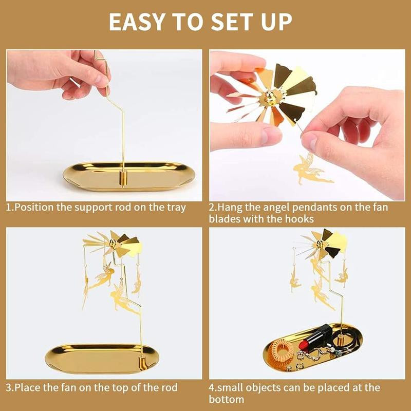 Spinning Candle Holder with Tray, Glod Carousel Candle Spinner, Rotating Metal Light Candle Holder for Table Centerpiece, Christmas, Valentine'S Day, Party Decor, ( Elves)