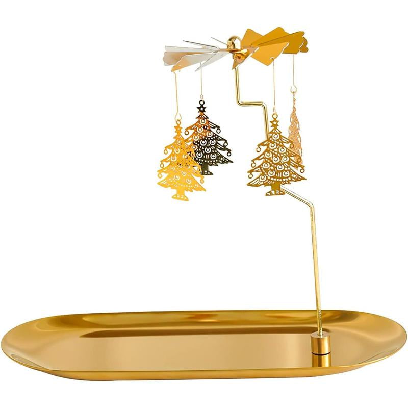 Spinning Candle Holder with Tray, Glod Carousel Candle Spinner, Rotating Metal Light Candle Holder for Table Centerpiece, Christmas, Valentine'S Day, Party Decor, ( Elves)