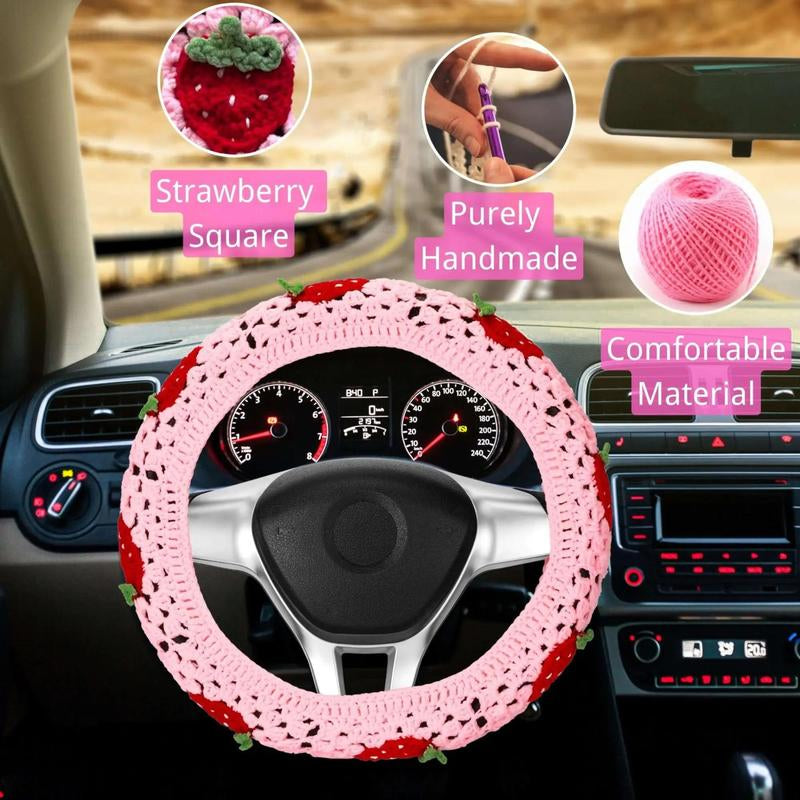 Crochet Strawberry Pattern Car Steering Wheel Cover, Cute Car Steering Wheel Protector, Universal Car Interior Decoration Accessories