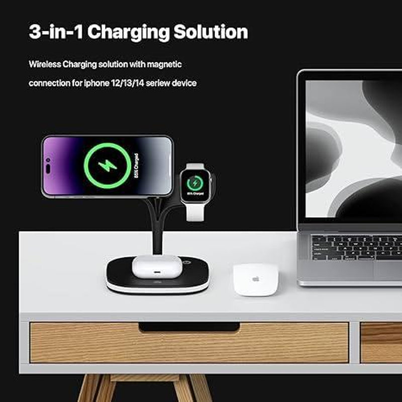 Wireless Charger, 3-In-1 Wireless Charging Stand, 5ND GEN, 45% Faster for Apple Watch, Iphone 16, Iphone 15, Iphone 14 Series, Airpods - Magsafe Charging Station for Multiple Devices - Black
