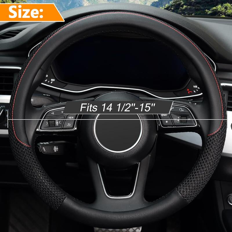 Car Steering Wheel Cover, Microfiber Breathable Ice Silk Leather Steering Wheel Cover Soft Anti-Slip Safety, 15Inch Four Season Universal Fits for Most Truck,Suv,Cars Car Interior Decoration Accessories (Black)