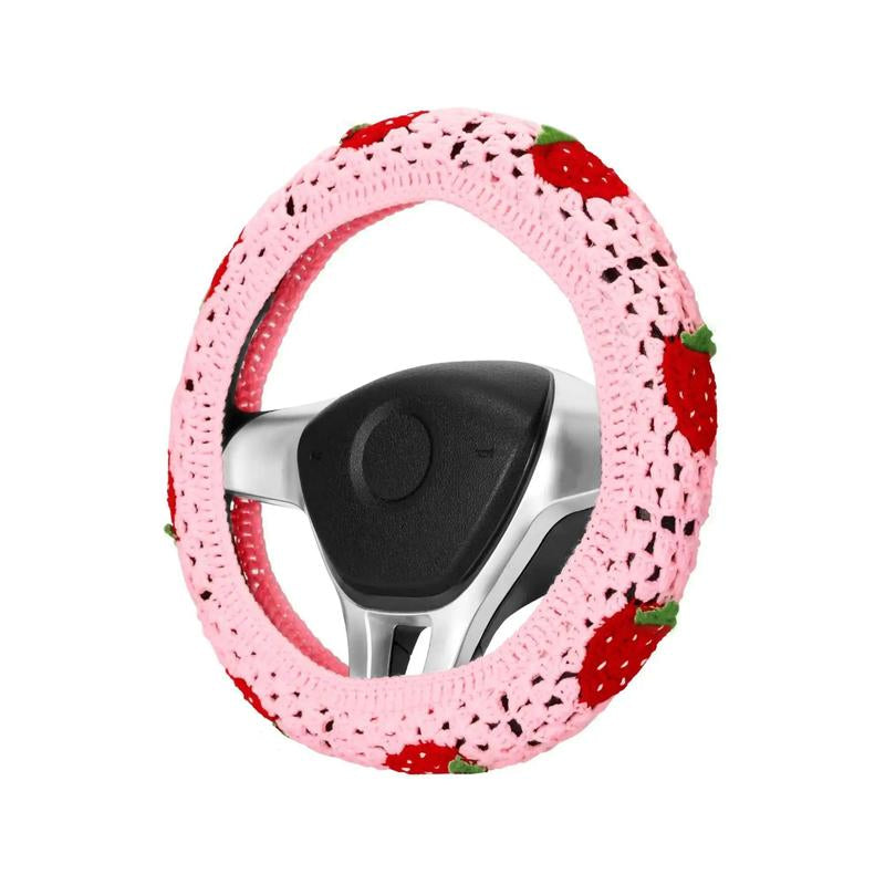 Crochet Strawberry Pattern Car Steering Wheel Cover, Cute Car Steering Wheel Protector, Universal Car Interior Decoration Accessories