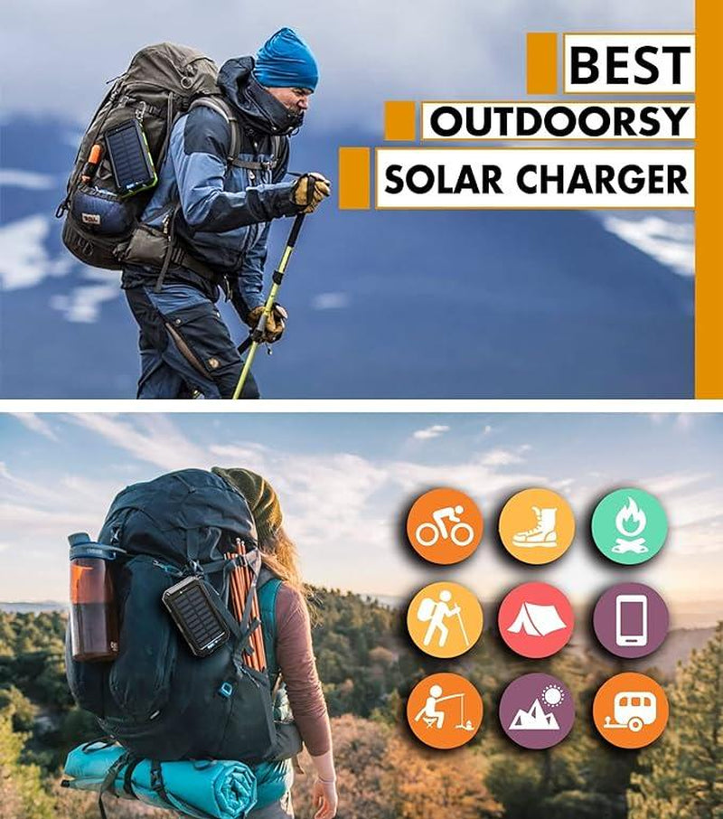 Solar Charger Power Bank 20000Mah, Portable Solar Pone Charger with Compass,Carabiner, Whistle,Flashlights,Solar Panel Charger,Camping Gear Accessory Accessories Charging
