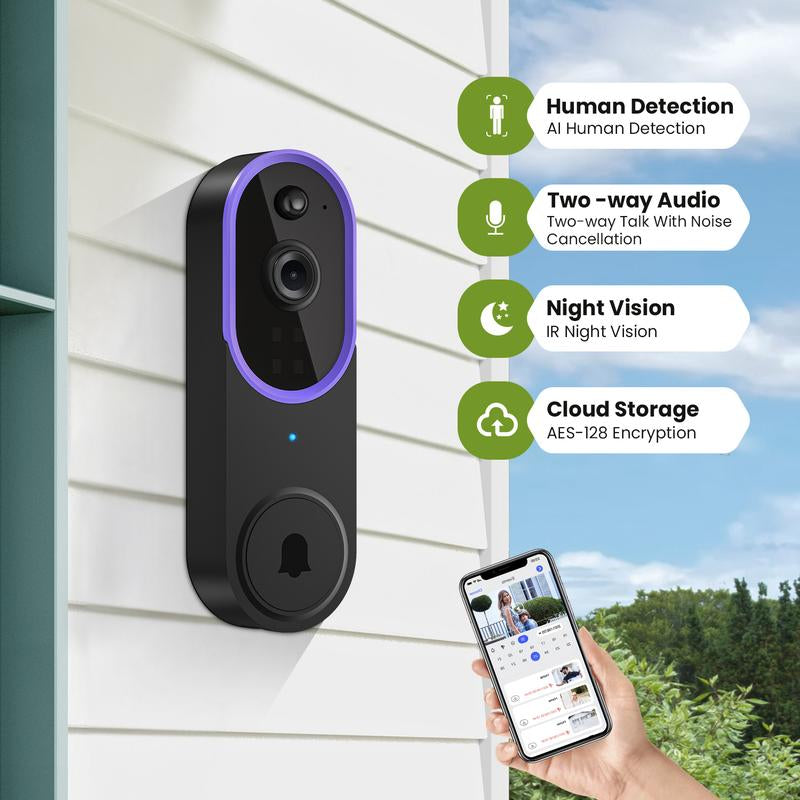 Wireless Video Doorbell Camera, Smart Security Doorbell Camera, 1080P, AI Human Detection , Night Vision, Instant Alert, Two Way Audio, 2.4G Wifi Only, Simple Installation and Rechargeable Battery, Cloud Storage, Wifi Camera