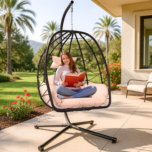Egg Porch Swing, Hanging Egg Chair for Outdoor Patio with Stand, Waterproof Rattan Wicker Basket Seat, Includes Cushion & Chain, 350Lb Capacity (Beige)